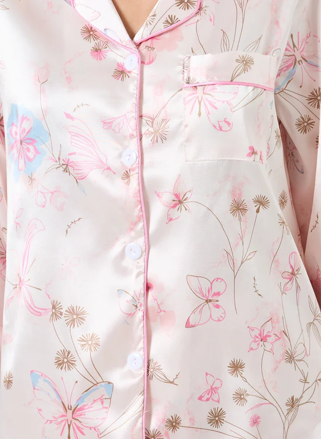 Take Two Women Satin Floral Printed Shirt and Pyjama Set